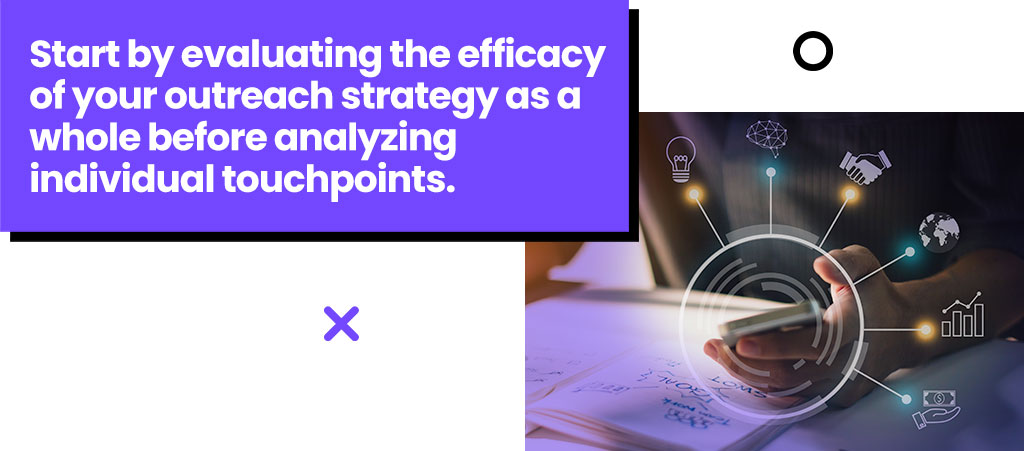 Start by evaluating the efficacy of your outreach strategy as a whole before analyzing individual touchpoints.