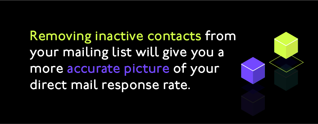 Removing inactive contacts from your mailing list will give you a more accurate picture of your direct mail response rate. Removing inactive contacts from your mailing list will give you a more accurate picture of your direct mail response rate.