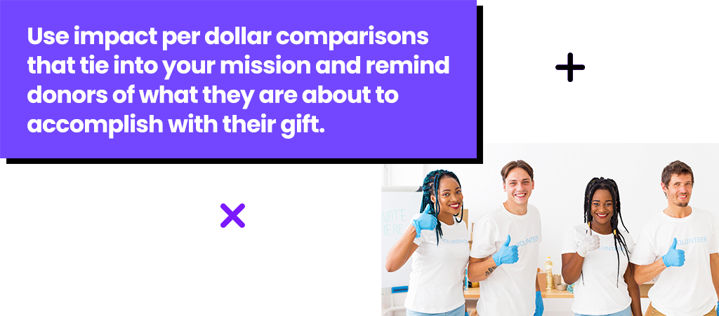 Use impact per dollar comparisons that tie into your mission and remind donors of what they are accomplishing.