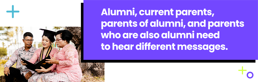 Alumni, current parents, parents of alumni, and parents who are also alumni need to hear different messages.