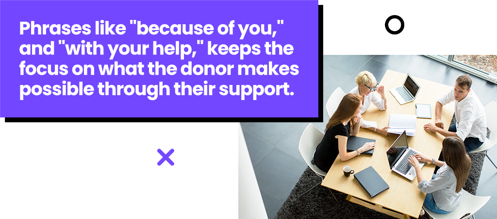 Phrases like because of you keeps the focus on what the donor makes possible.