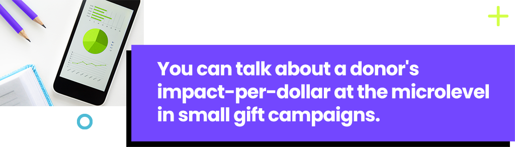 You can talk about a donor's impact-per-dollar at the microlevel in small gift campaigns.