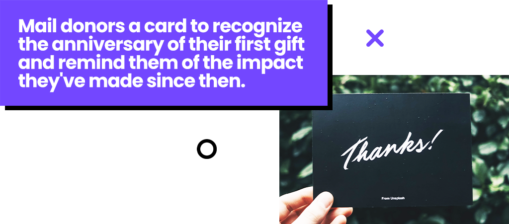 Mail donors a card to recognize the anniversary of their first gift and remind them of the impact they've made since then. Mail donors a card to recognize the anniversary of their first gift and remind them of the impact they've made since then.