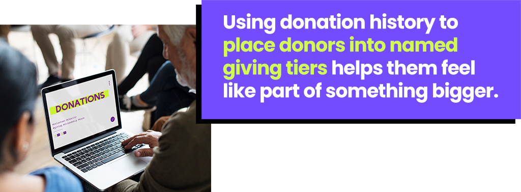 Using giving history to place donors into named giving tiers helps them feel like part of something bigger. Using giving history to place donors into named giving tiers helps them feel like part of something bigger.