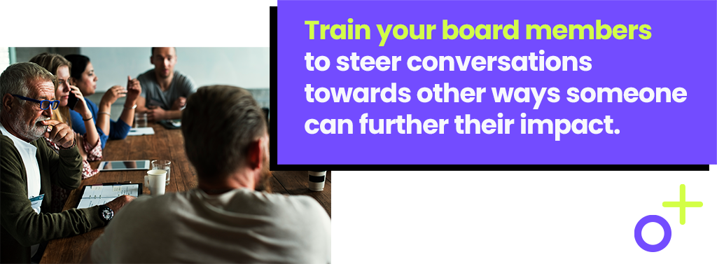 Train your board members to steer conversations towards other ways someone can further their impact. Train your board members to steer conversations towards other ways someone can further their impact.