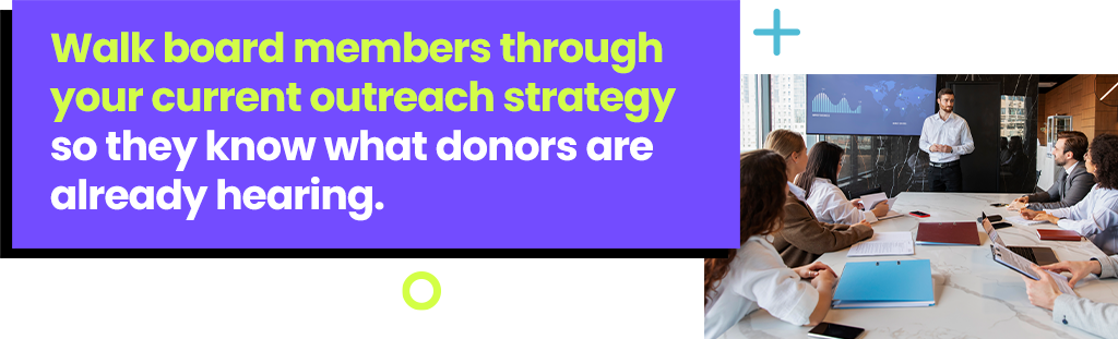 Walk board members through your current outreach strategy so they know what donors are already hearing. Walk board members through your current outreach strategy so they know what donors are already hearing.