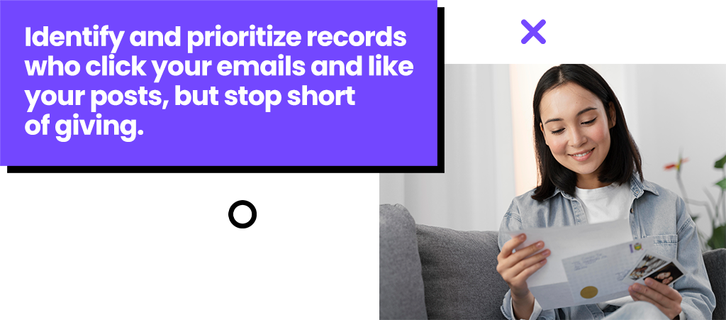 Identify and prioritize records who click your emails and like your psots, but stop short of giving.