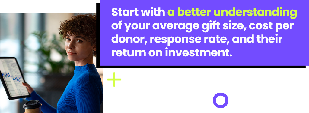 Get started with a better understanding of your average gift size, cost per donor, response rate, and their return on investment.