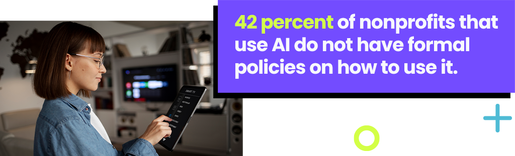 42 percent of nonprofit who use AI do not have formal policies on how to use it. 42 percent of nonprofit who use AI do not have formal policies on how to use it.